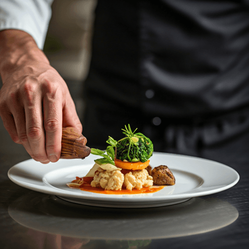 Chef plating food in a modern restaurant kitchen